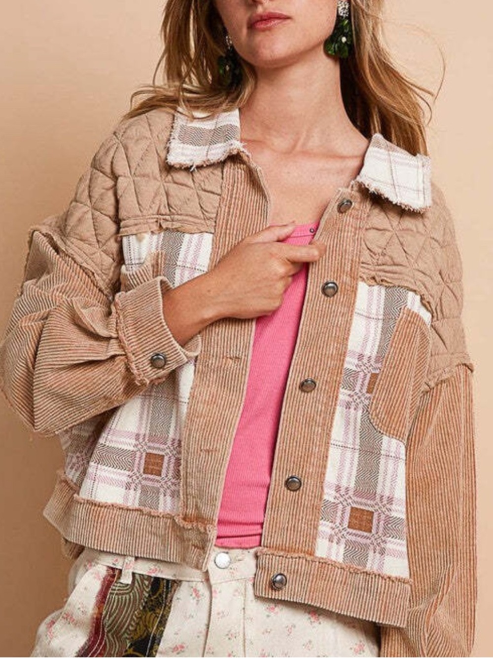 POL Corduroy Jacquard Patchwork Button Up Jacket Coat NWT $130